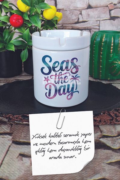 giftkonsept Seas the Day Summer Themed Printed Ceramic Lid Odorless Ashtray
