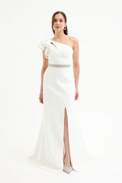 Lafaba Women's White One Shoulder Ruffled Long Promise Engagement Wedding Evening Dress