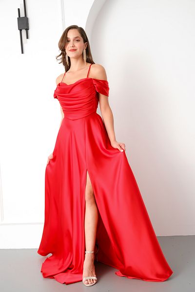 Lafaba Women's Red Low Sleeve Satin Evening Dress