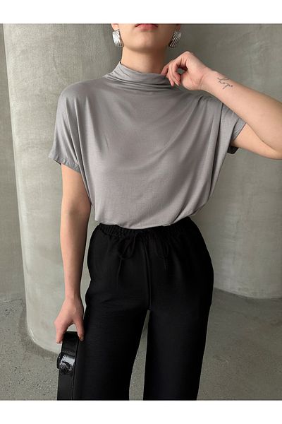 ladyzey Women's Gray Stand Collar Off Shoulder Blouse