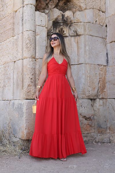 bytugcekaya Red shirred detail neck tie loose dress