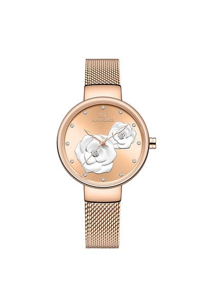 Naviforce Elegant Women's Quartz Watch Stylish Round Dial with Floral Embossed Design Sparkling Crystal