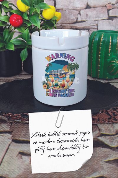 giftkonsept Warning We Bought the Drink Package Summer Themed Printed Ceramic Lid Odorless Ashtray