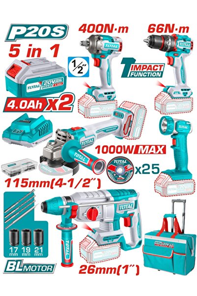 TOTAL 5 Lİ AVANTAJLI AKÜLÜ SET SOMUN SÖKME KIRICI DELİCİ DARBELİ VİDALAMA TAŞLAMA FENER