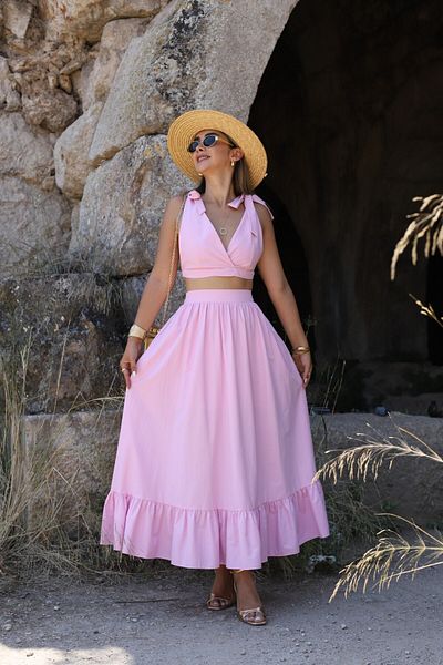 bytugcekaya Pink Tie Detail Bustier Skirt Suit