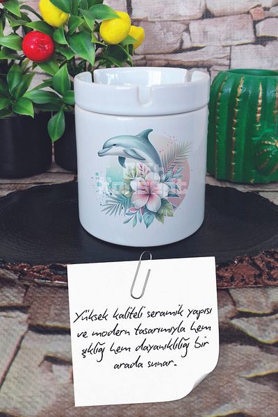 giftkonsept Dolphin and Flowers Summer Themed Printed Ceramic Lid Odorless Ashtray