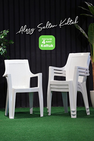 Alezy Sultan Rattan Sırtlı Kollu Koltuk Balkon Bahçe Sandalyesi 4 Adet Beyaz