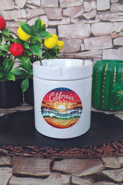 giftkonsept California Summer Themed Printed Ceramic Lid Odorless Ashtray