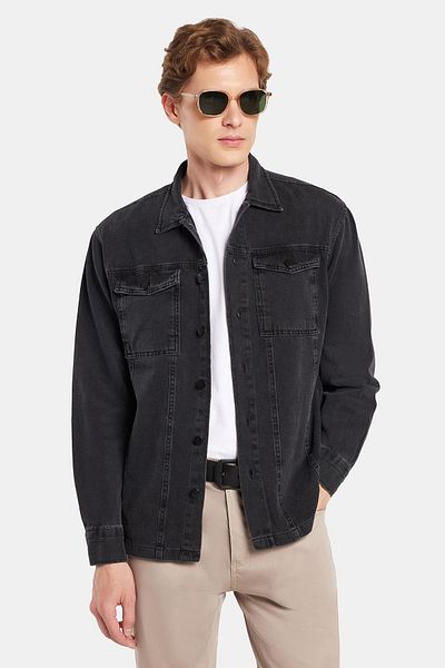 Tudors Men's Relax Fit Relaxed Cut Denim Snap Long Sleeve Denim Jacket Black Shirt