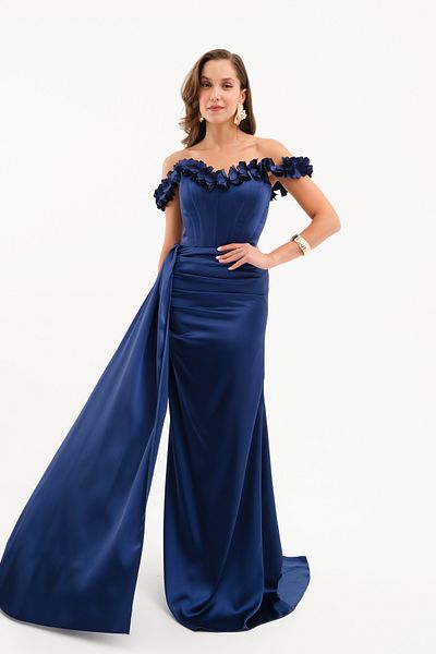 Lafaba Women's Navy Blue Collar Floral Long Satin Evening Dress