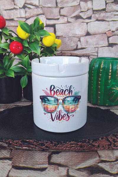 giftkonsept Beach Vibes Summer Themed Printed Ceramic Lid Odorless Ashtray