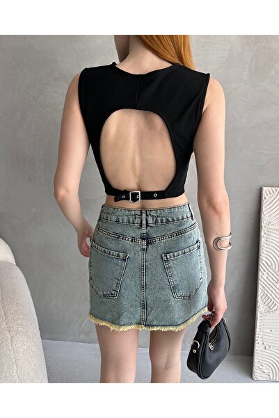 OLSAMODA Women's Belt Detail Open Back Flexible Fabric Bluz