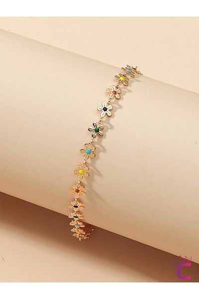 Cinderella Stainless Alloy Chain Anklet with Colorful Flower Decor - Adjustable Sea Beach Jewelry Foot Bracelet