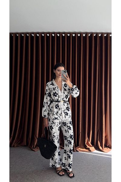 HAZELANNA Black Floral Patterned Linen Suit