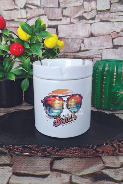 giftkonsept Salty Beach Summer Themed Printed Ceramic Lid Odorless Ashtray