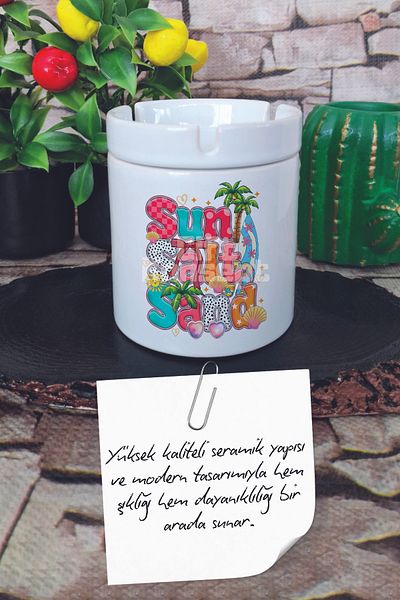 giftkonsept Summer Salt Sand Summer Themed Printed Ceramic Lid Odorless Ashtray