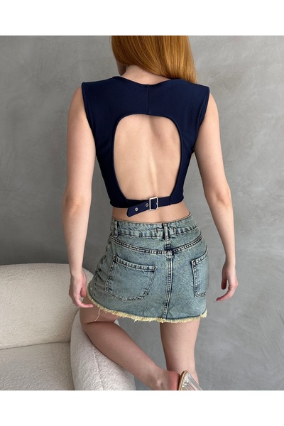 OLSAMODA Women's Belt Detail Open Back Flexible Fabric Bluz