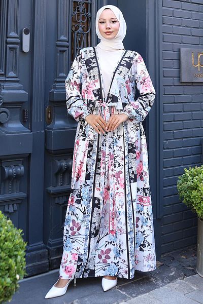 hafsamina Floral Patterned Tie-Up Skirt Suit Black Hm2768