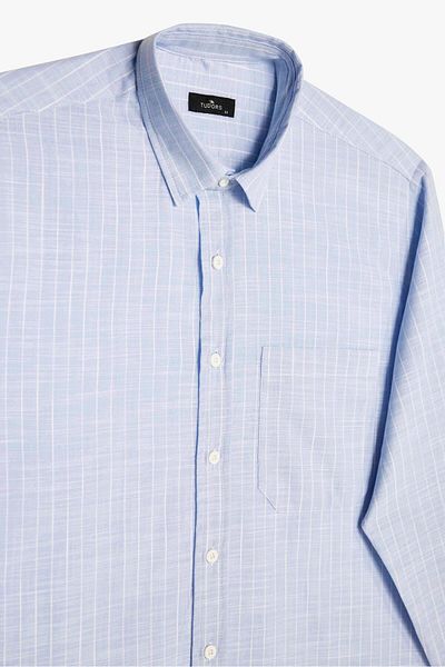 Tudors Men's Regular Fit Classic Cut Long Sleeve 100% Cotton Linen Texture Single Pocket Striped Blue Shirt