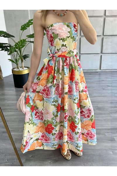 Coral Floral Patterned Strapless Dress Red