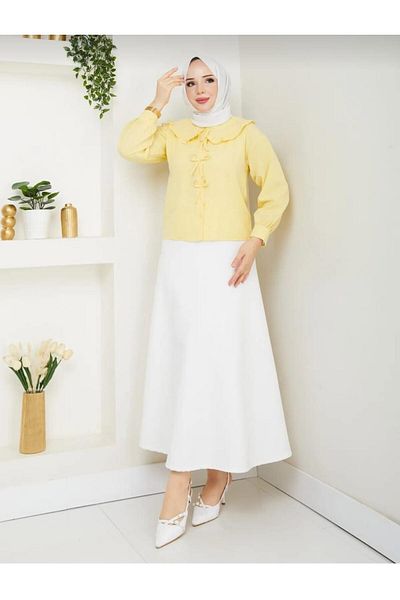 Nergis Neva Butik Poplin Fabric Collar Detailed Bow Skirt Top Shirt