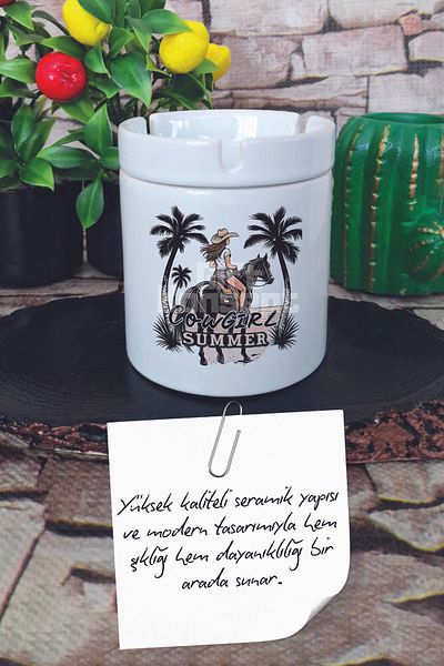 giftkonsept Cowgirl Summer Themed Printed Ceramic Lid Odorless Ashtray
