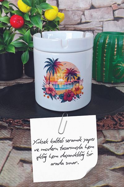 giftkonsept Sunset Summer Themed Printed Ceramic Lid Odorless Ashtray