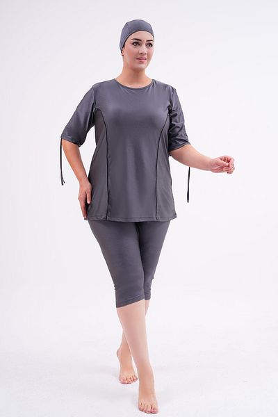 Remsa Mayo Large Size Semi-Closed Hijab Swimsuit with Sleeve Detail 2311 Aysu Anthracite