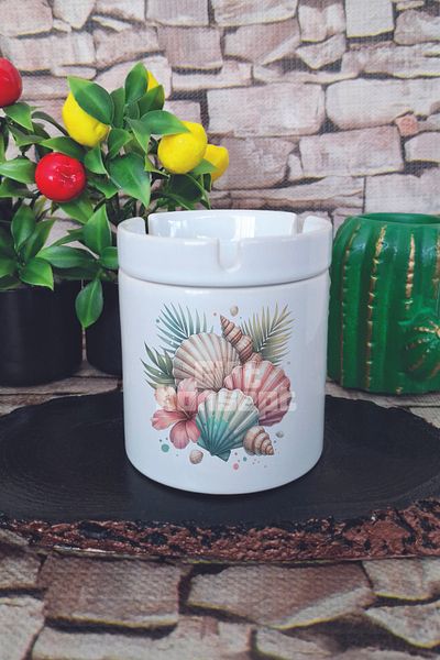 giftkonsept Colorful Seashells Summer Themed Printed Ceramic Lid Odorless Ashtray