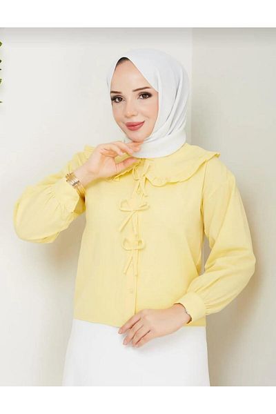 Nergis Neva Butik Poplin Fabric Collar Detailed Bow Skirt Top Shirt