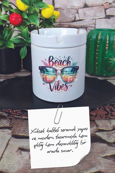 giftkonsept Beach Vibes Summer Themed Printed Ceramic Lid Odorless Ashtray