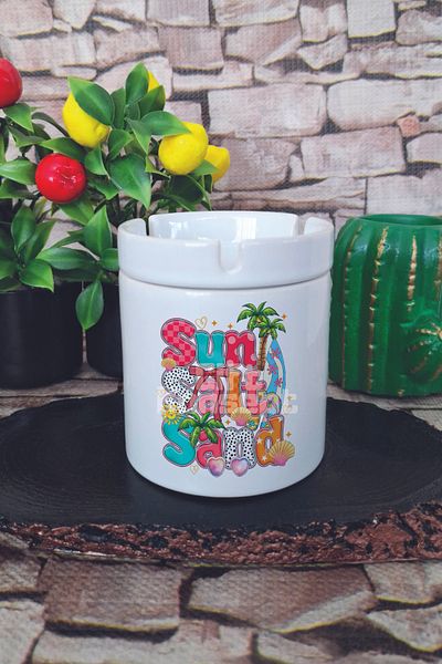 giftkonsept Summer Salt Sand Summer Themed Printed Ceramic Lid Odorless Ashtray
