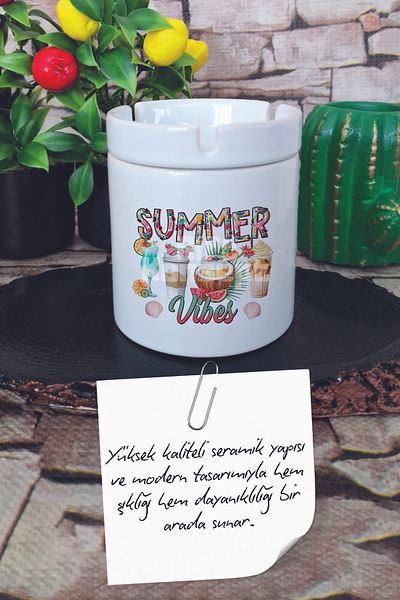 giftkonsept Summer Vibes Cocktails Summer Themed Printed Ceramic Lid Odorless Ashtray