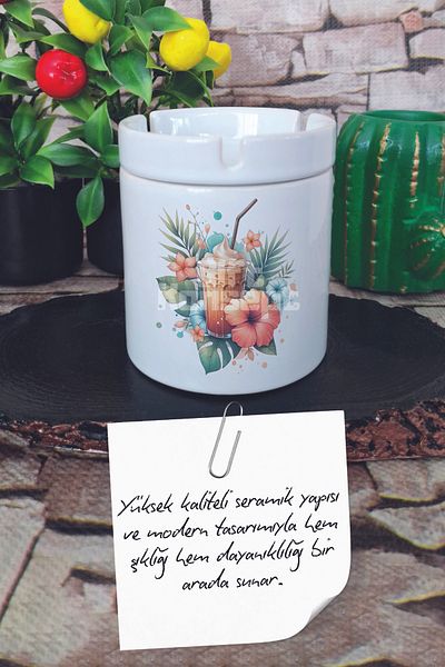 giftkonsept Summer Cocktail Summer Themed Printed Ceramic Lid Odorless Ashtray