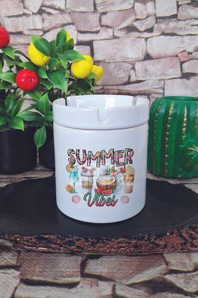 giftkonsept Summer Vibes Cocktails Summer Themed Printed Ceramic Lid Odorless Ashtray