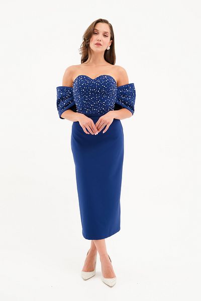 Lafaba Women's Navy Blue Strapless Neckline Sleeve Detail Midi Evening Dress