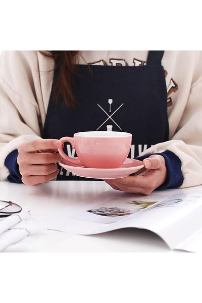 Omran Cart Coffee Cups & Saucers 250ml Pink, Ideal for Latte, Cappuccino & Espresso