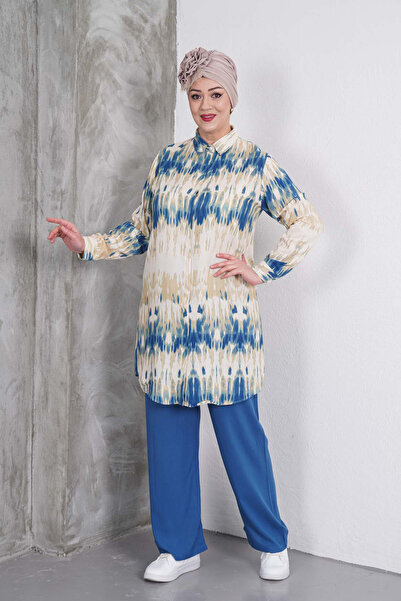 Polologin Butik مجموعة بنطلون تونيك منقوشة باللونين الأزرق والبيج