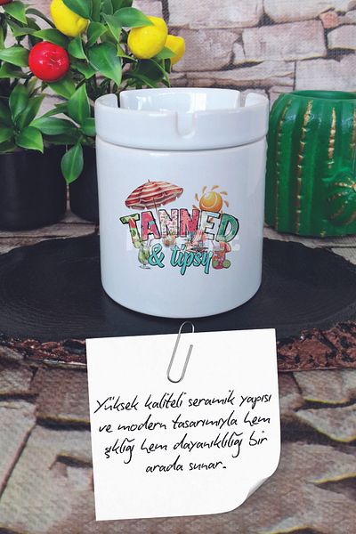 giftkonsept Tanned Tipsy Summer Themed Printed Ceramic Lid Odorless Ashtray