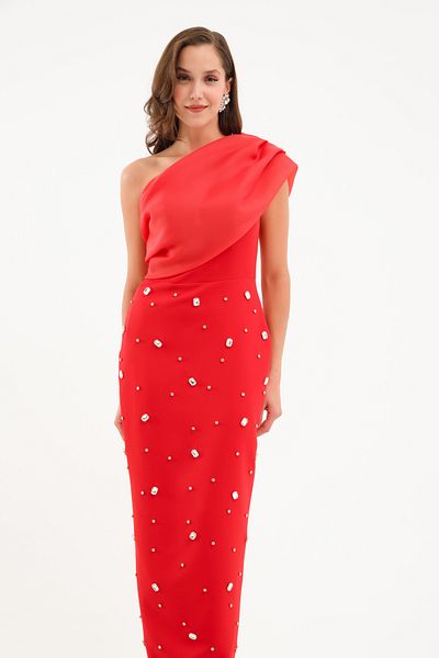 Lafaba Women's Red One Shoulder Stone Promise Engagement Wedding Evening Dress