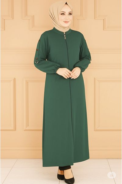 DHDmoda Women's Hijab Sleeves Button Detailed Pocket Zippered Ayrobin Green Colored Cap
