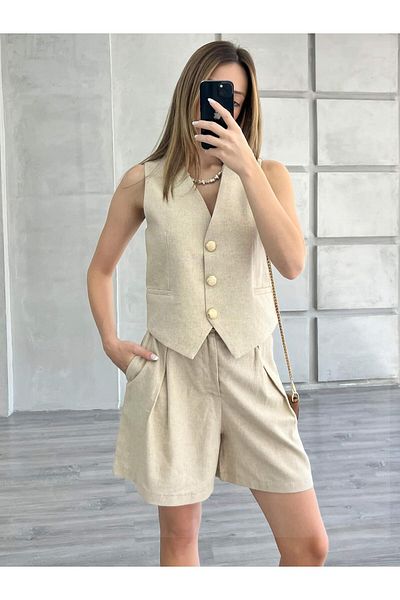 Coral Vest Shorts Belted Suit Natural