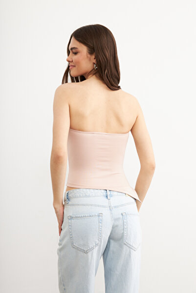 Bipantolon Women's Gathered Asymmetrical Strapless Powder Blouse