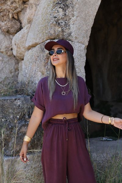 bytugcekaya Burgundy Short Sleeve Blouse Trousers Set
