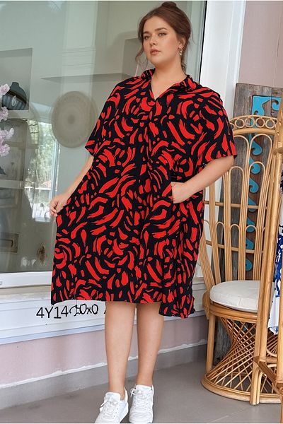 Modasultan Polo V-Neck Patterned Midi Length Double Pocket Viscose Dress