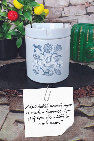 giftkonsept Seashells Ribbon Summer Themed Printed Ceramic Lid Odorless Ashtray