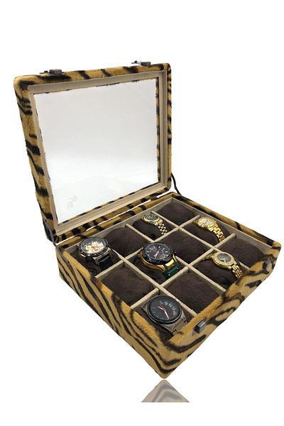 Dijital Çarşı Diji 12 Watch Box Watch Case Tiger with Cream Brown Cushion Inside