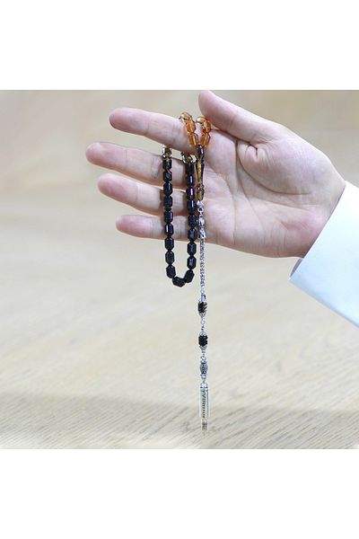 Tesbihane سبحة معدنية مانعة للتشويه على شكل شرابة ألبانية ذات طرف مقصوص باللون الأسود والأبيض والعنبر