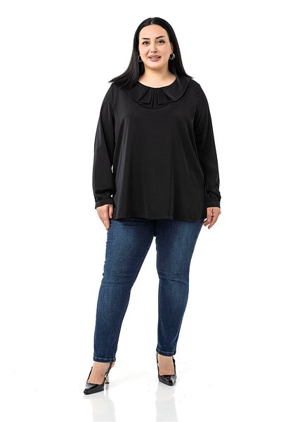 DISENTIS MODEST Plus Size Collar Pleated Black Blouse with Side Slits