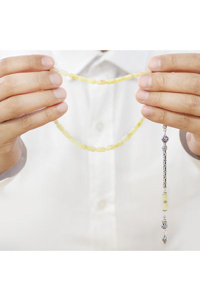 Tesbihane 925 Ayar Gümüş Kral Zincir Püsküllü Kapsül Kesim Soft Sarı Beyaz Doğal Damla Kehribar Tesbih